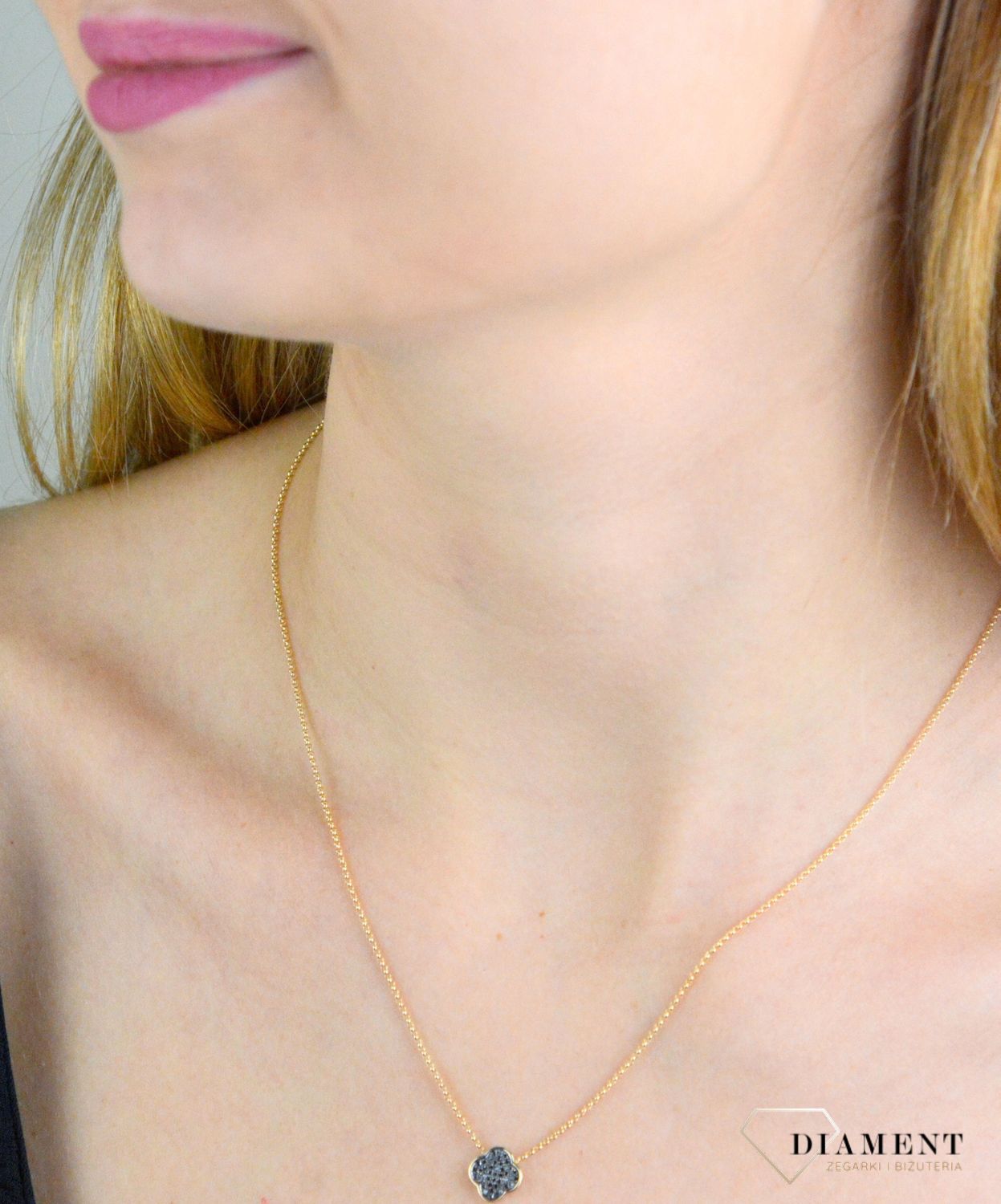 Złoty naszyjnik damski 585 koniczynka z czarnymi diamentami 0,1ct N10163Y G BD.jpg